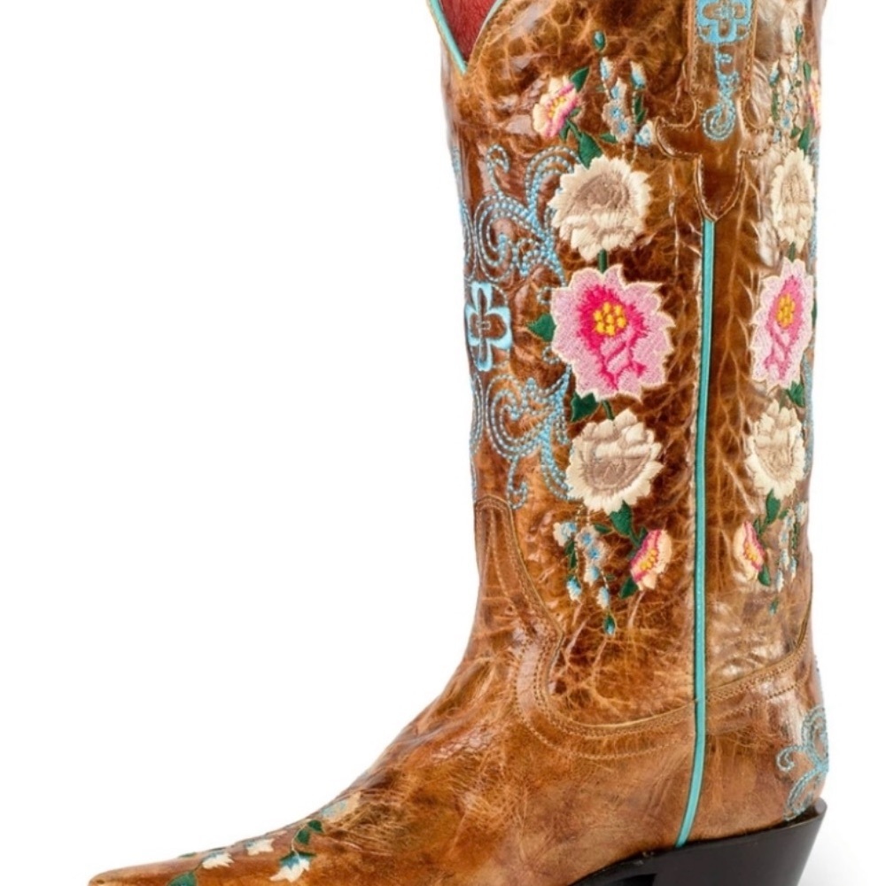 Brown Leather Western Boots with Pink & Cream Floral Embroidery